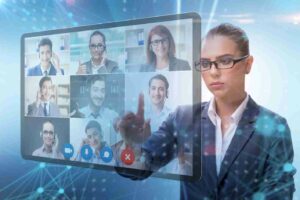 Female Virtual Coordinator using virtual Zoom window for Virtual Presentation
