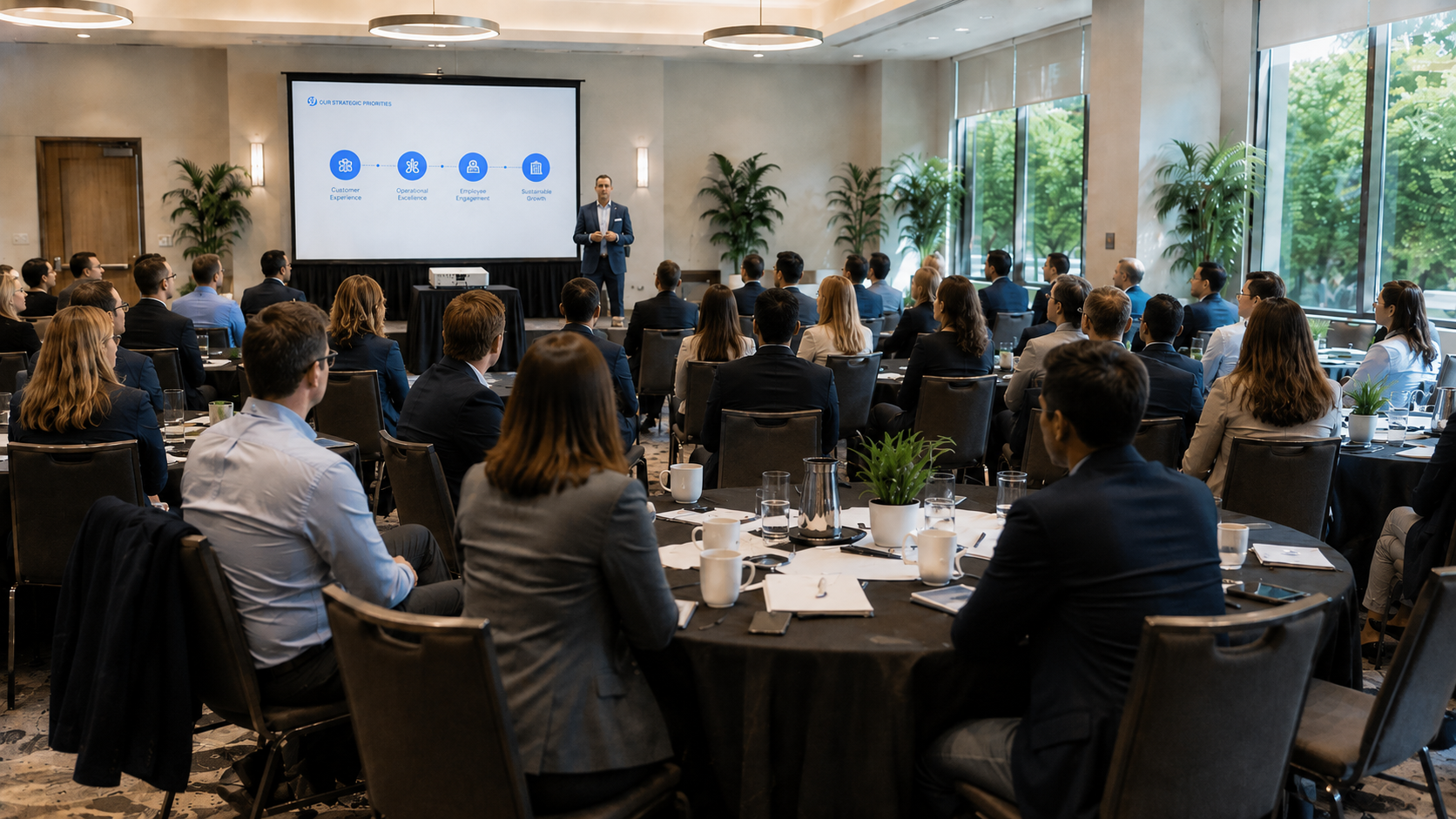 Corporate breakout session with presenter, projection screen and audience