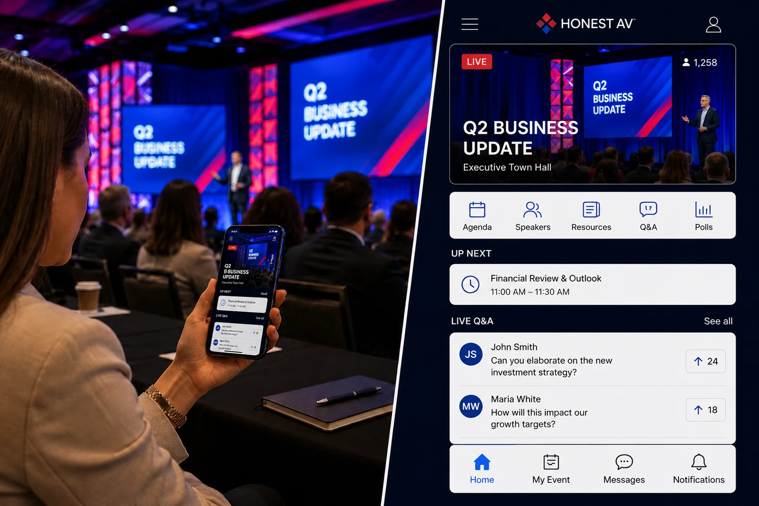 Live stream production for a hybrid event, with the broadcast delivered to remote viewers through an event app