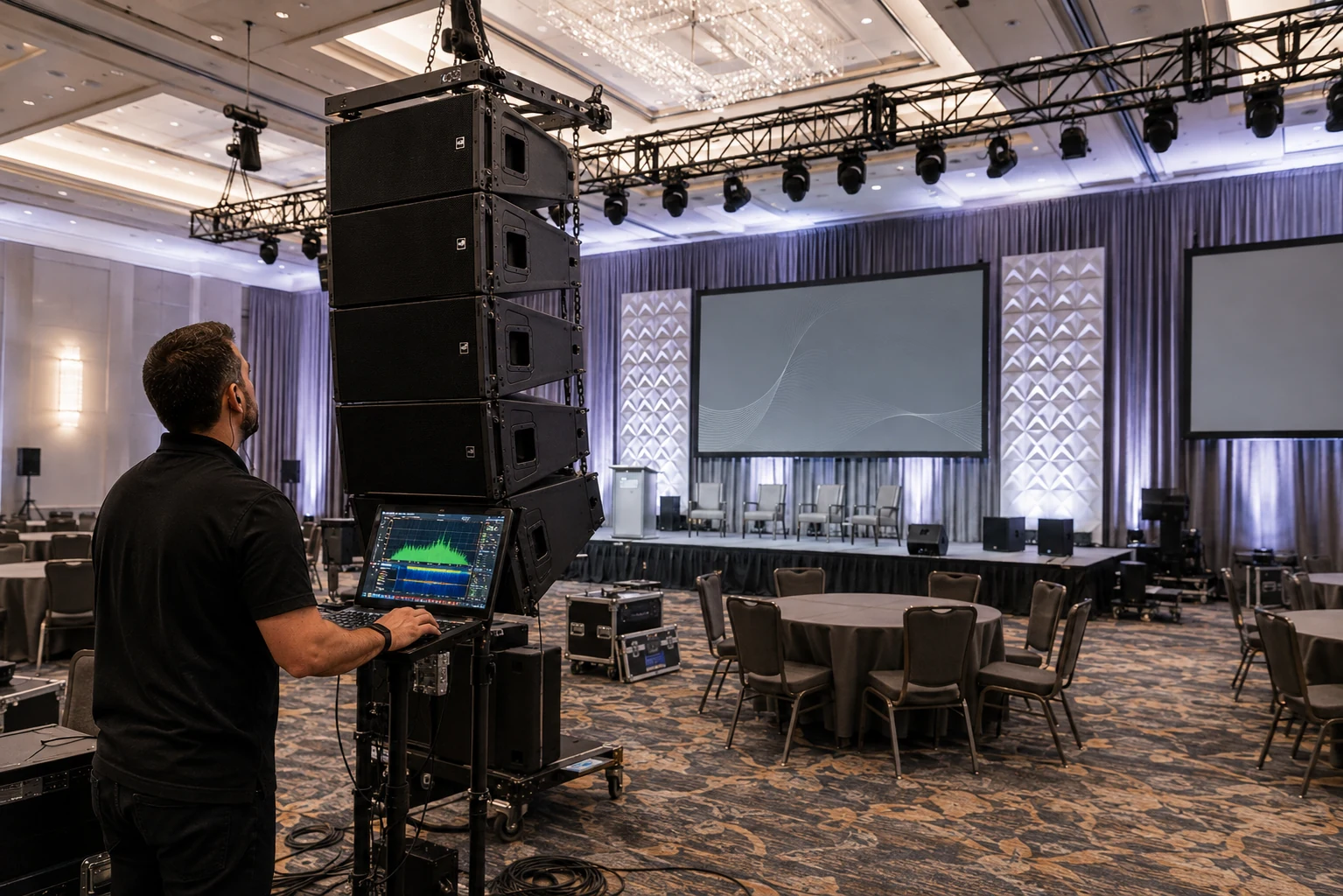 Audio technician tuning a line-array speaker system in a hotel ballroom