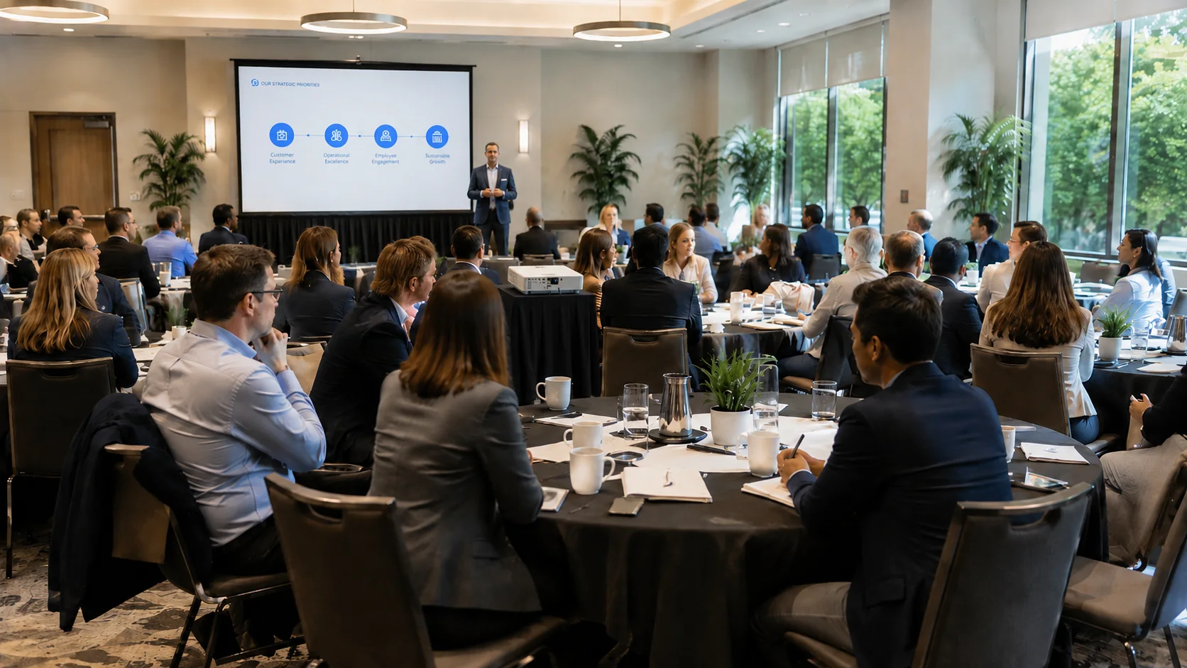 Corporate breakout session with presenter, projection screen and audience