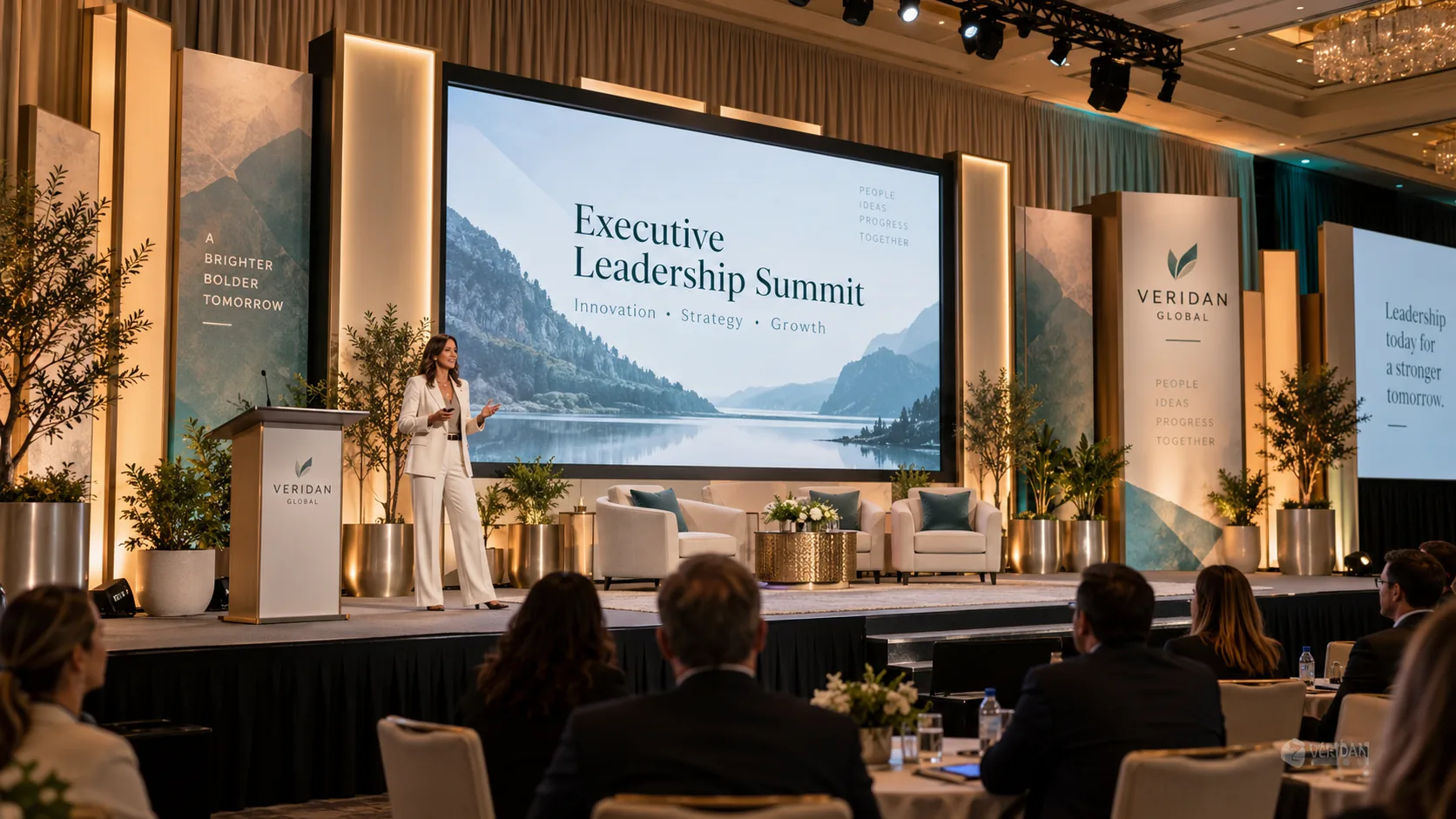 Scenic truss and uplighting surrounding a corporate conference stage