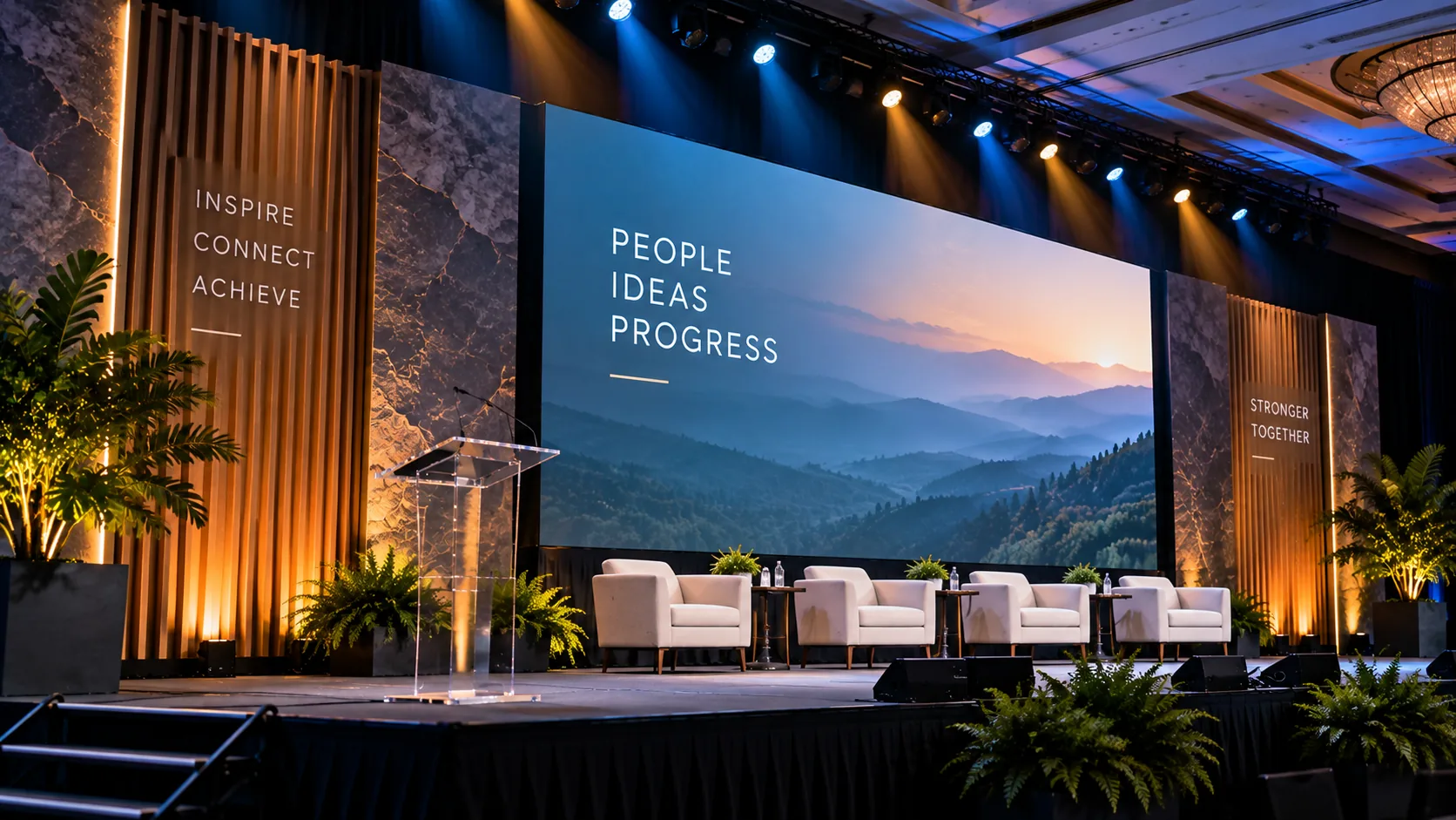 Modular scenic panels and drape framing a corporate stage