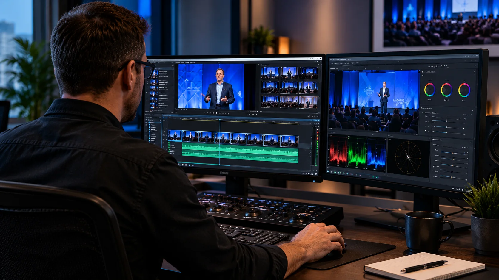 Editor cutting conference session footage into a highlight reel