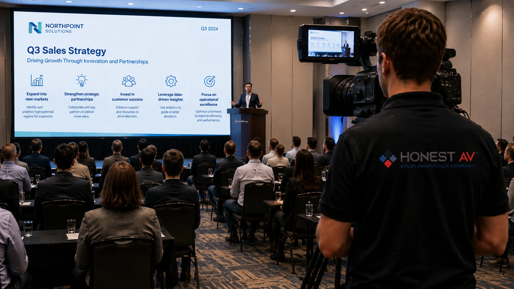 Video camera recording a breakout session presentation