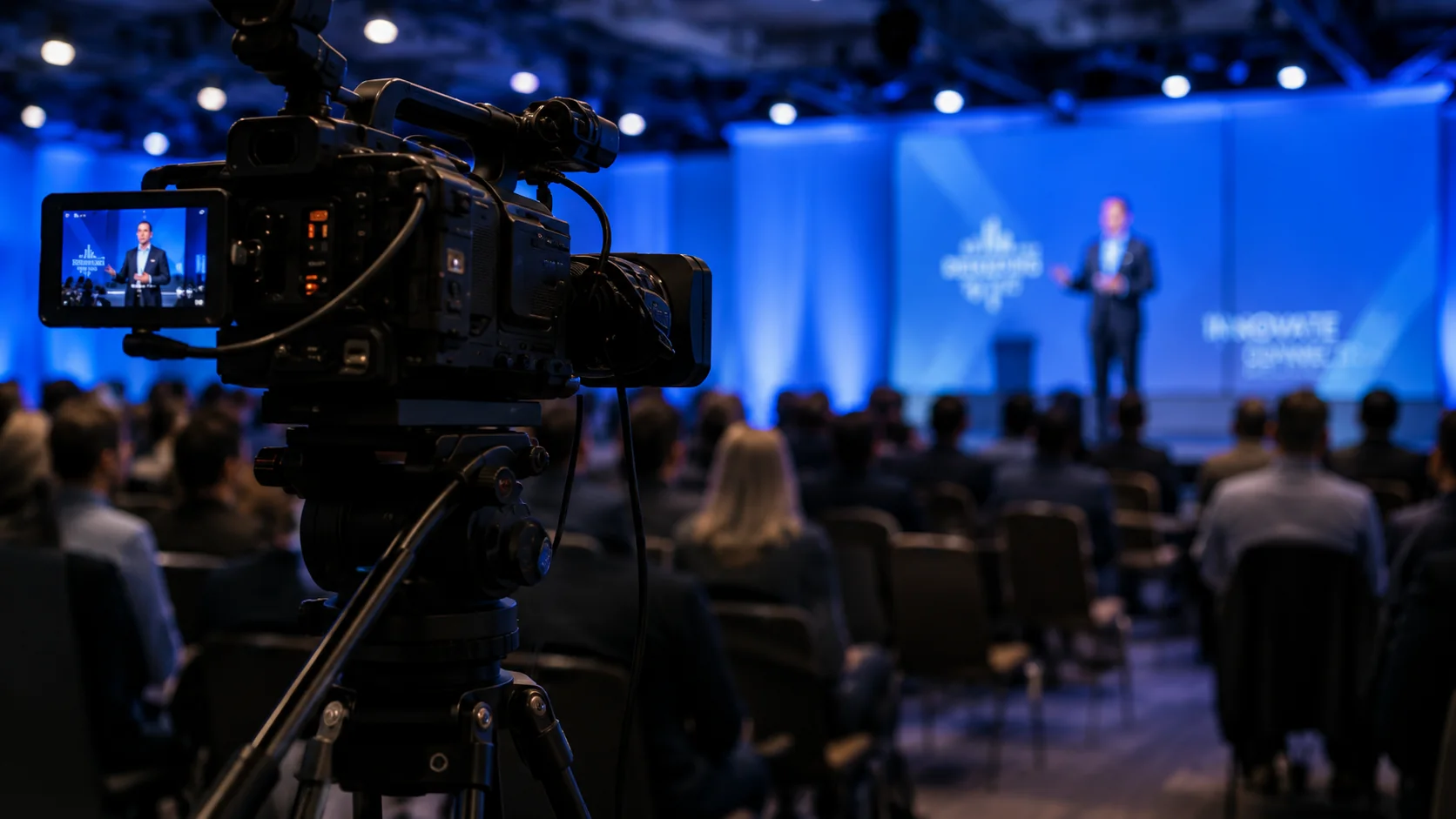 Camera on a tripod recording a keynote at a corporate conference