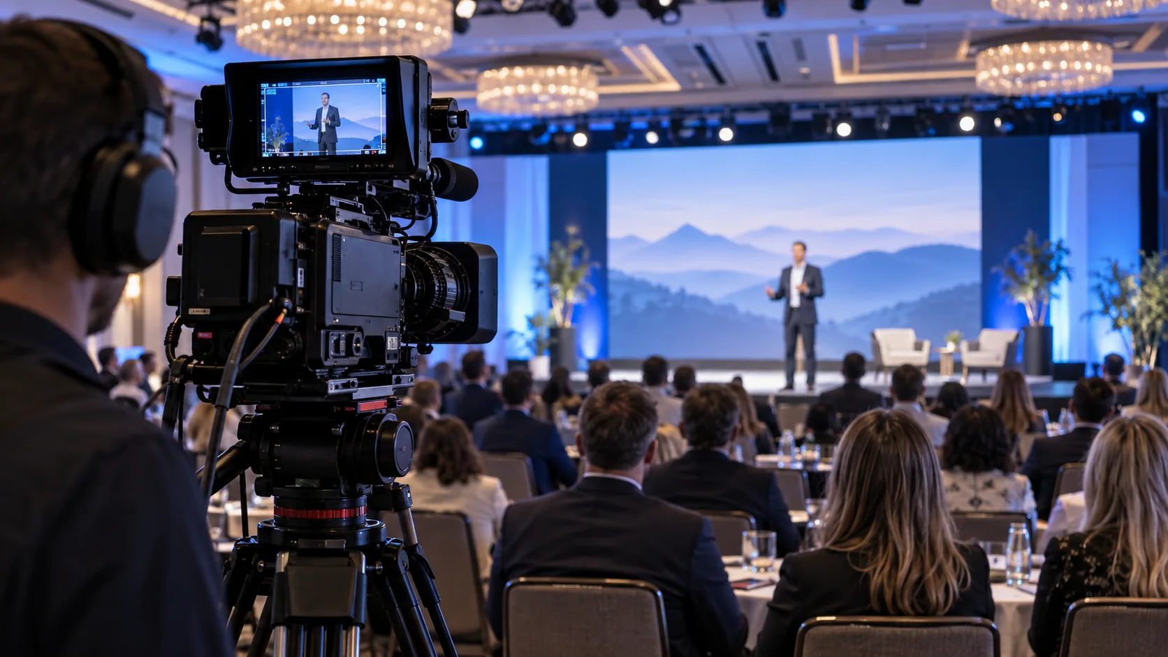 Multi-camera crew capturing a corporate conference for on-demand and marketing video