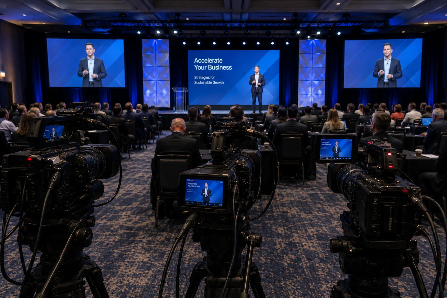 Corporate event video production: camera operators recording a conference general session