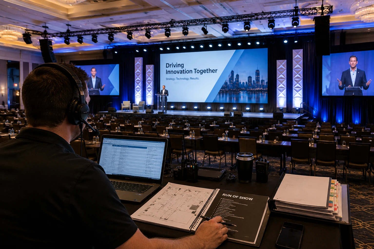 Event production team operating a corporate conference control position