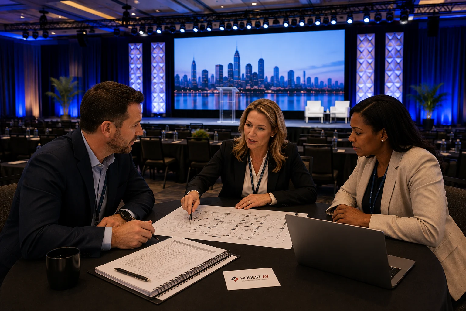 Meeting planner reviewing a corporate event setup with an AV producer and client