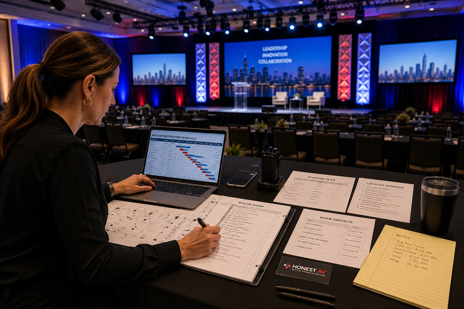 Event production management: producer reviewing a CAD room layout and production schedule before load-in