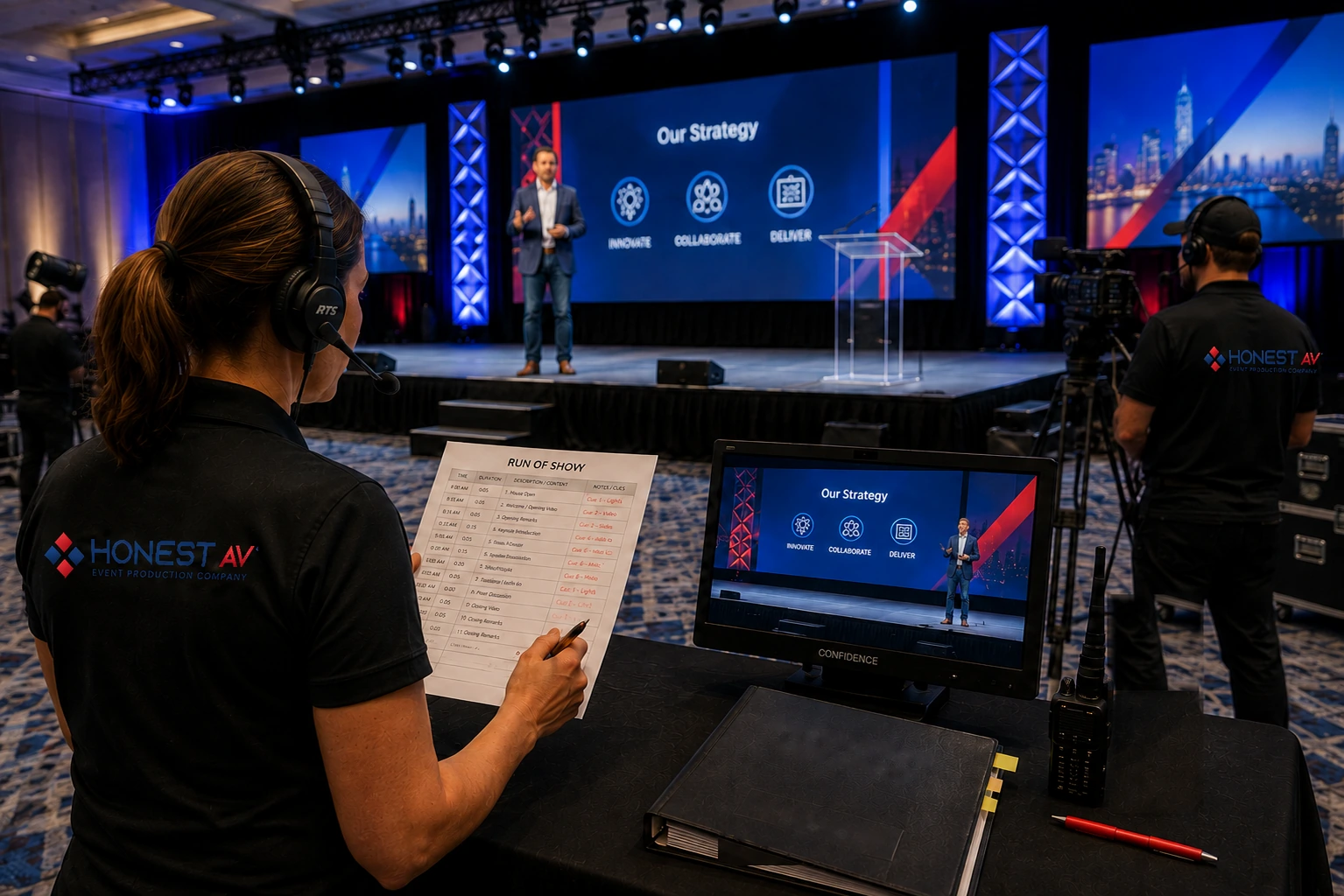 Presenter walking through a technical rehearsal on stage with the production team