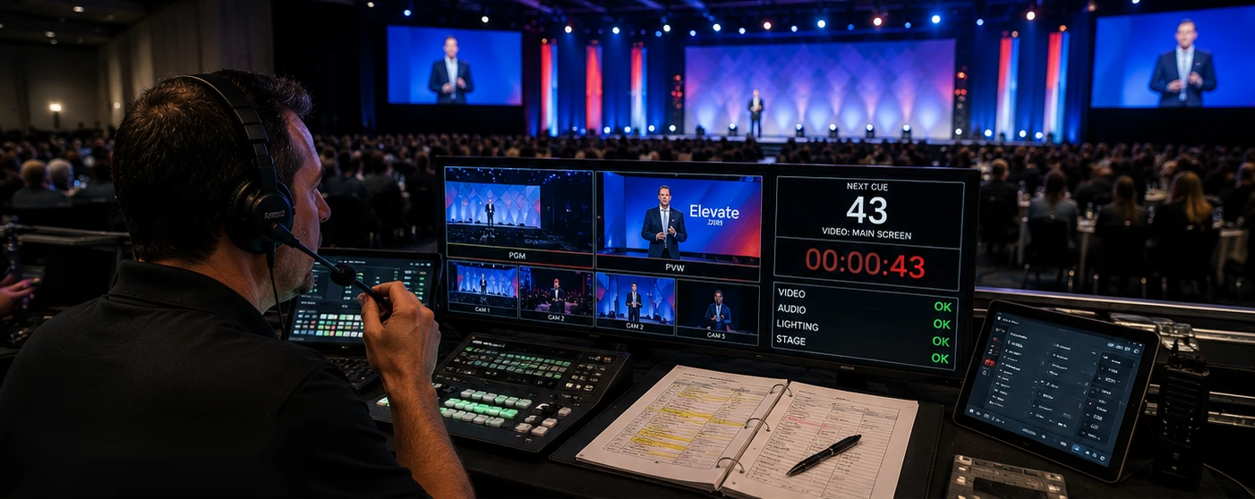 Show caller calling lighting, camera and slide cues from the control desk