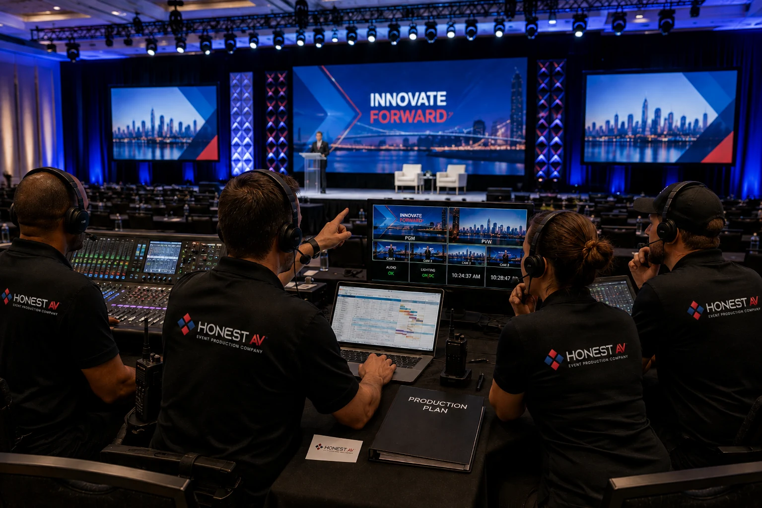 Technical director coordinating audio, video and lighting crews at a corporate event