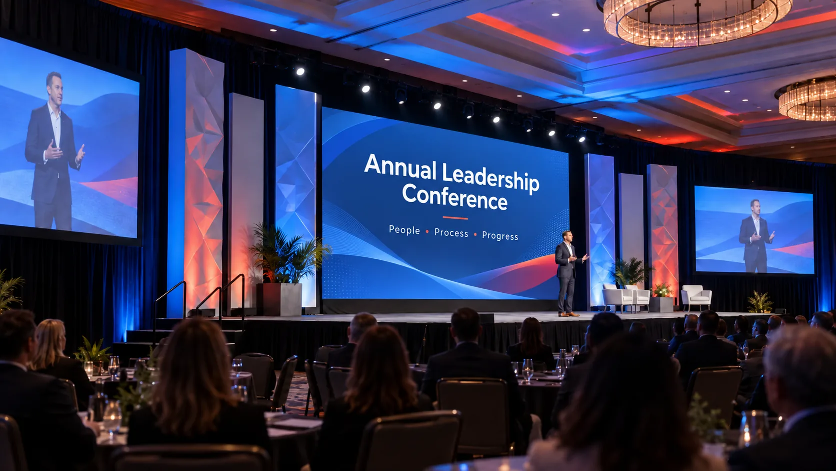 Event stage design and scenic production: branded corporate stage with scenic panels and LED screens