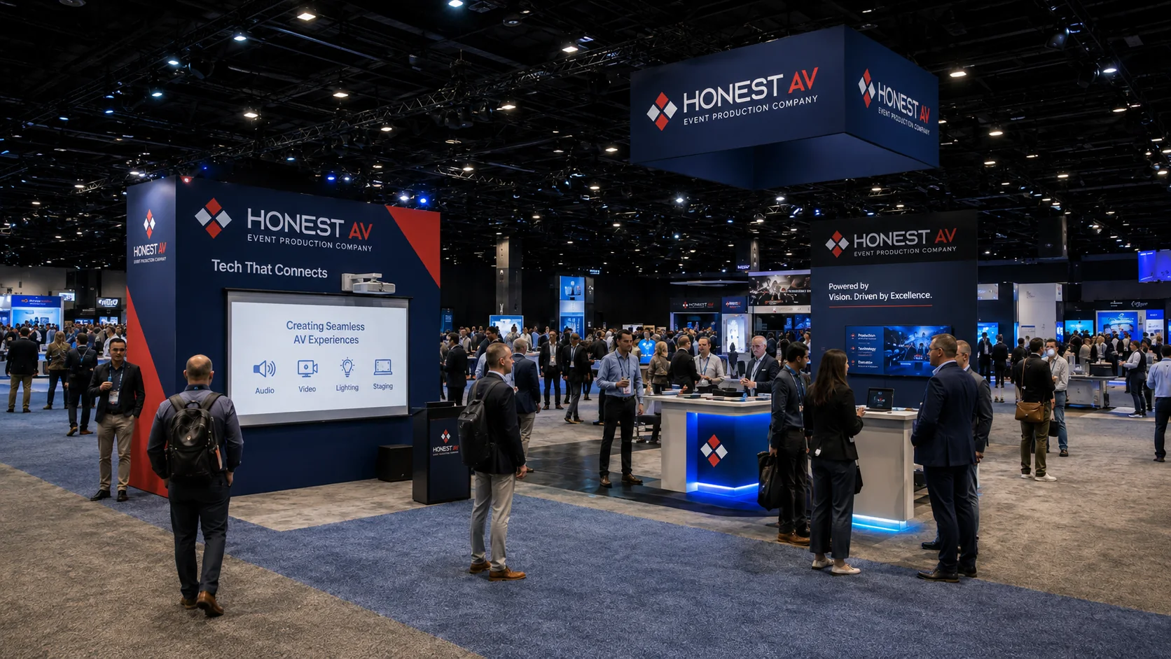 Trade show floor with Honest AV booth