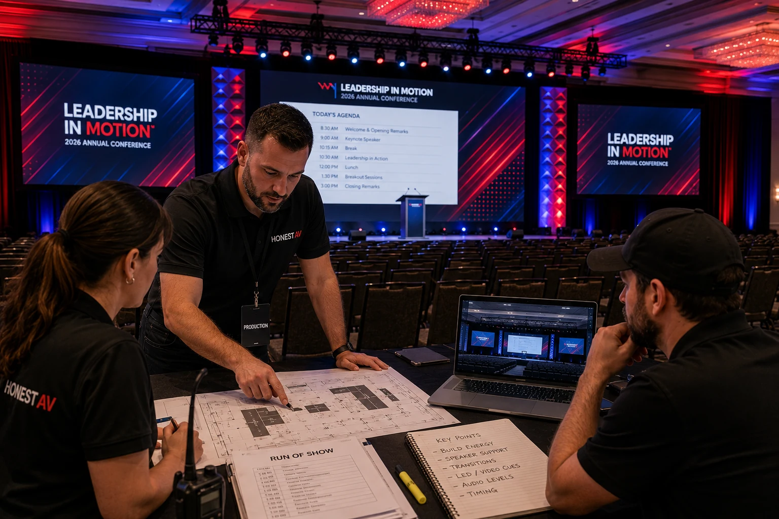 Stage design plan showing screen, scenic and presenter positions for a corporate event