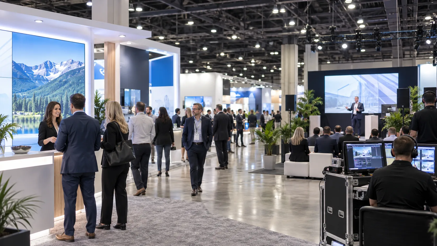 Corporate trade show floor with AV production and exhibitor traffic